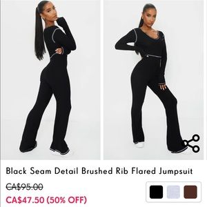 Black Seam Detail Brushed Rib Flared Jumpsuit